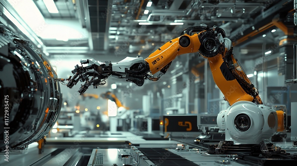 Poster robotic arm performing delicate assembly tasks in industrial setting