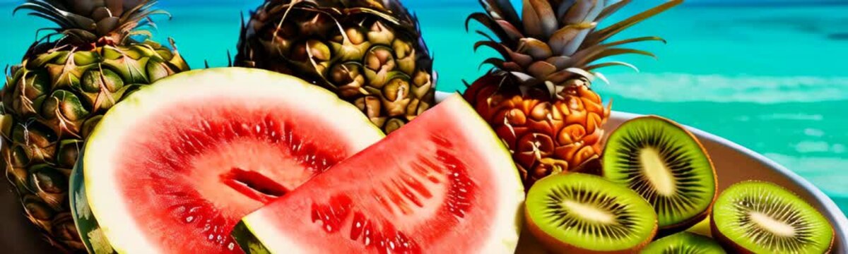 Plate with fresh fruits against turquoise ocean backdrop, copy space for text. Luxury resort. Travel and vacation concept. Banner template