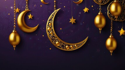 Ramadan background . Golden Ramadan moon decor with Islamic rosary beads and dates fruit.