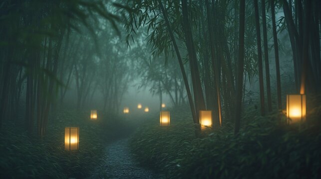 Misty bamboo forest path lit by lanterns. (1)