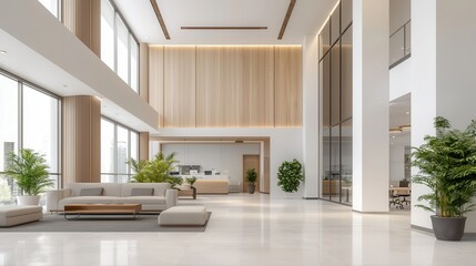 Fototapeta premium Modern office lobby with elegant design and greenery