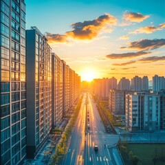 Fototapeta premium A sunset view over a modern cityscape with buildings lining a road.