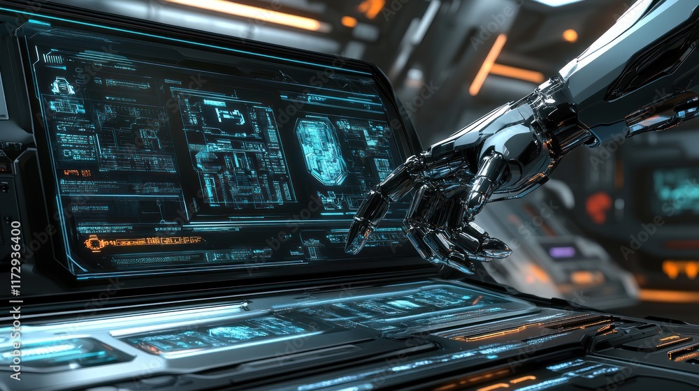 Poster futuristic robot hand interacting with a high-tech interface.