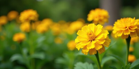 Obraz premium Bright yellow marigold flowers bloom in a garden bed, gardenphotography, outdoorflowerbed