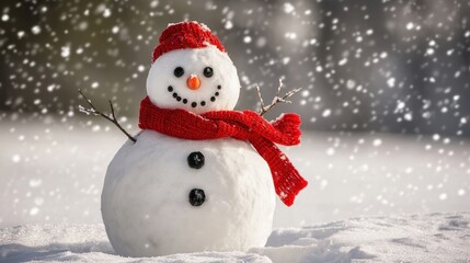 Cheerful Snowman with Red Scarf and Hat in a Winter Wonderland