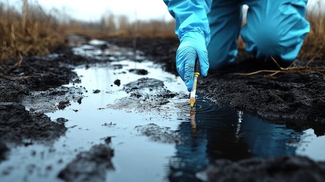 A person in protective gear collects water samples from a contaminated wetland area.