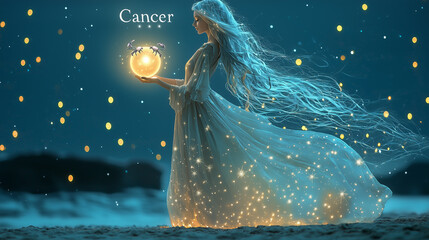 A mystical woman with flowing silver hair stands on a moonlit beach, holding a glowing orb resembling the moon