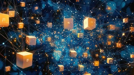 Abstract digital network with glowing cubes and connections.