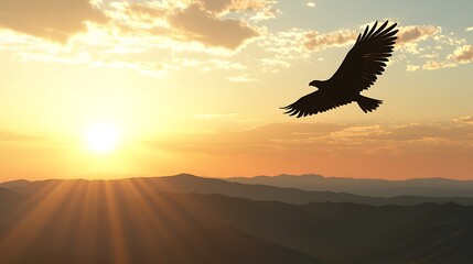 Fototapeta premium Majestic eagle silhouetted against a vibrant sunset over a mountain range.