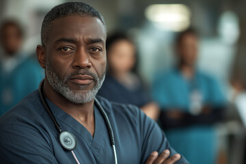 Fototapeta premium A male nurse stands standing confidently in a crossed-arms pose. The photo captures his confident expression, symbolizing teamwork for patient care, healthcare education and healthcare.