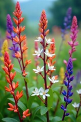 Obraz premium Colorful stems with clusters of small white flowers, wild, plant, botanical