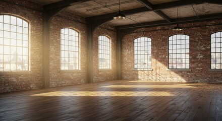 Fototapeta premium Large industrial loft space, sunlit interior, wooden floors, exposed beams, multiple tall windows, empty room, sunbeams streaming through windows, atmospheric dust particles, warm light, spacious inte