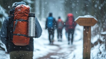Snowy trail features hikers with backpacks, capturing winter adv