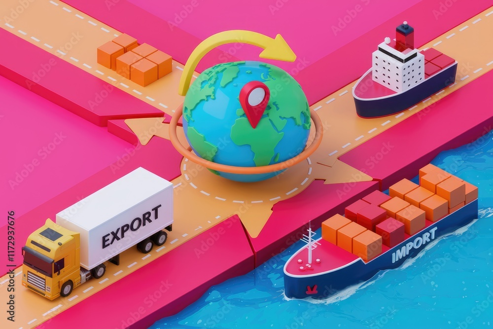 Poster global trade and logistics, illustrating import and export processes with trucks and ships.