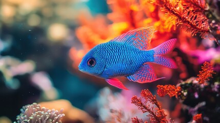 Obraz premium Vibrant Blue Chromis Fish in a Coral Reef
