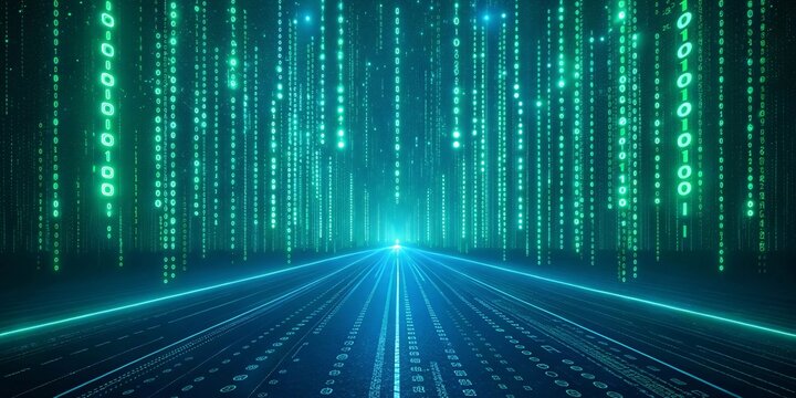 Cyberpunk Digital Matrix with Raining Code and Futuristic Grid Floor V2