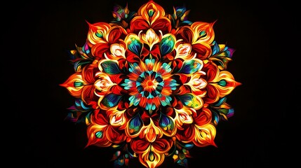 Vibrant mandala design with intricate floral patterns in bold colors on a black background.