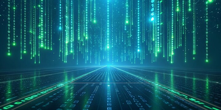 Cyberpunk Digital Matrix with Raining Code and Futuristic Grid Floor V1