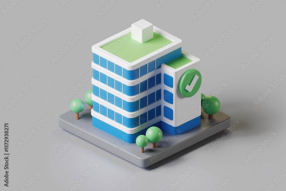 Aufkleber A 3D rendering of a stylized office building with a checkmark, signifying approval or completion.