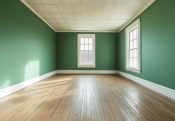 Obraz premium Empty green room with hardwood floors.