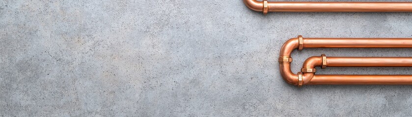 Copper pipes lay on a concrete surface, showcasing a modern industrial design and plumbing materials.