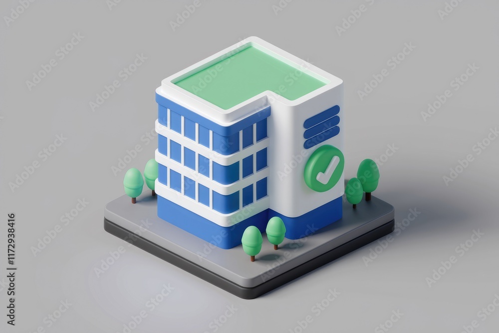 Aufkleber 3D rendering of a modern office building with a green roof and a checkmark, symbolizing approval or completion.