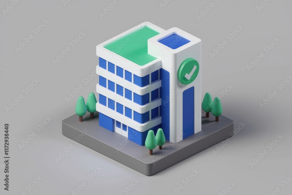 Poster A 3D model of a modern office building with a green roof and a checkmark, signifying approval or completion.