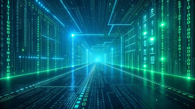 Cyberpunk Digital Matrix with Raining Code and Futuristic Grid Floor V6