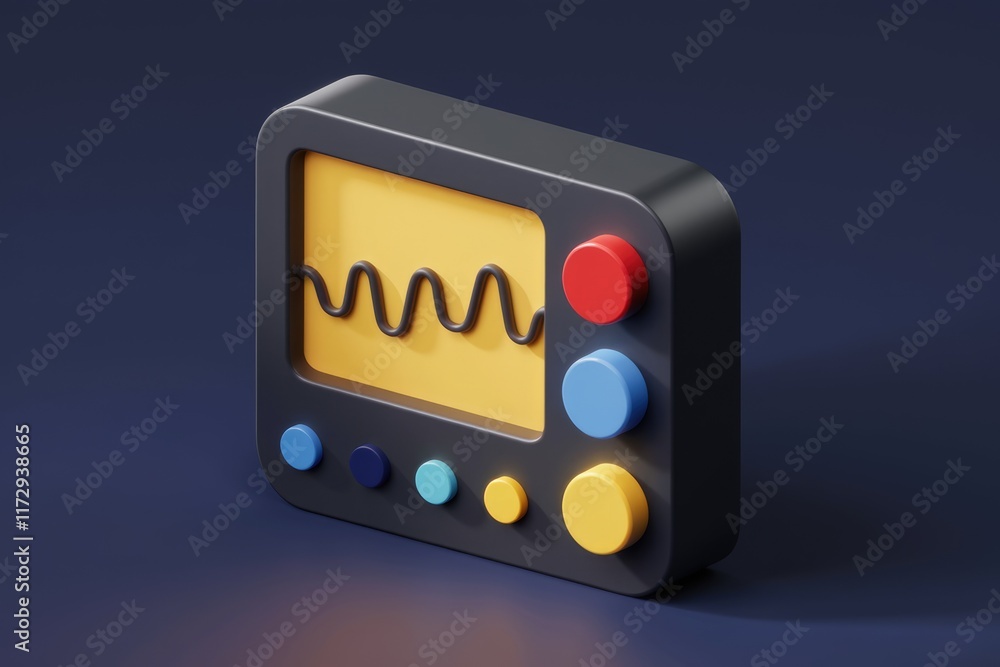 Poster A 3D rendering of a retro-styled device displaying a waveform, featuring colorful buttons.