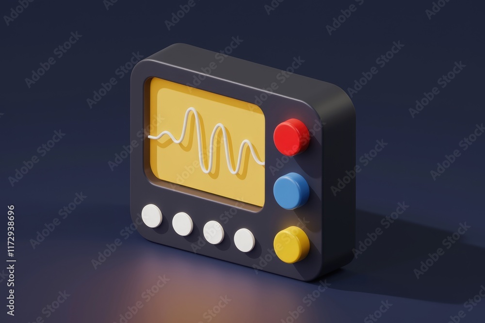 Aufkleber A 3D rendering of a stylized monitor displaying a waveform, featuring colorful buttons.