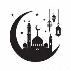Black silhouette of a Islamic mosque and crescent with lanterns isolated on white background