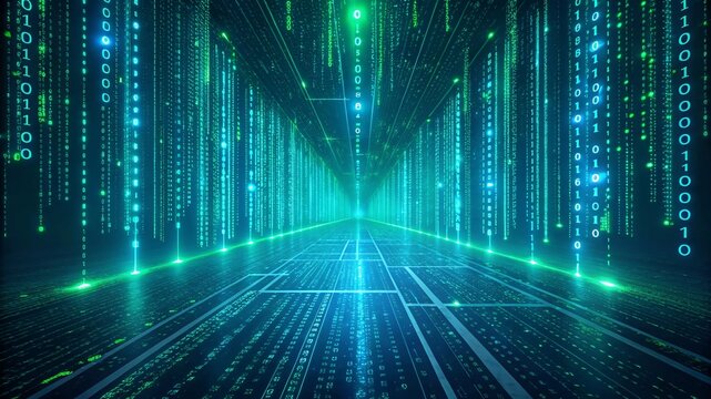 Cyberpunk Digital Matrix with Raining Code and Futuristic Grid Floor V7