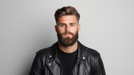 Obraz premium Stylish man with beard wearing black leather jacket against light background.