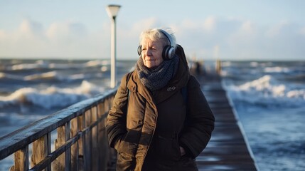 Fototapeta premium Serene Senior Woman Walking on Windy Seaside Pier Listening to Music, Feeling Free and Content