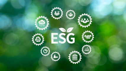 Environmental, social and governance concept. Net zero greenhouse gas emissions for a sustainable global environment with icons on a green forest background.