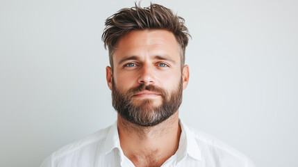 Confident man with beard and stylish hair, wearing white shirt against light background.