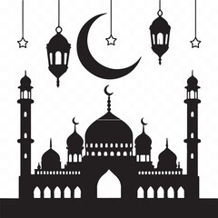 Black silhouette of a Islamic mosque and crescent with lanterns isolated on white background
