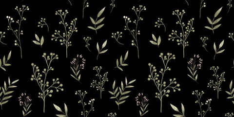 Seamless botanical pattern. Watercolor illustration of field herbs. Isolated illustration on black background. Suitable for textiles and typography.