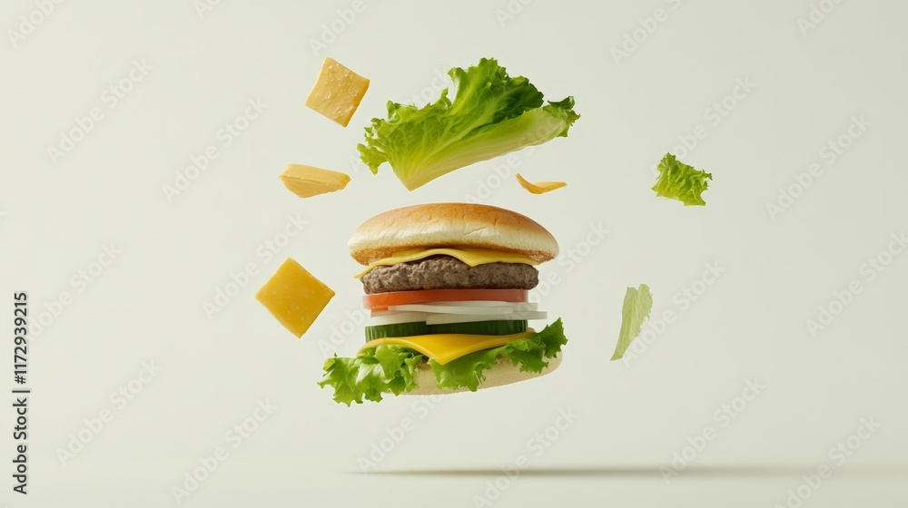 Poster Delicious hamburger with all its components floating in the air, creating a dynamic and appetizing visual on a clean white background, perfect for showcasing the fresh ingredients