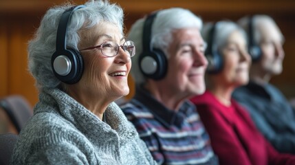 Harmony of Generations: Diverse Seniors in Engaging Music Appreciation Class with Headphones in Communal Joyful Atmosphere
