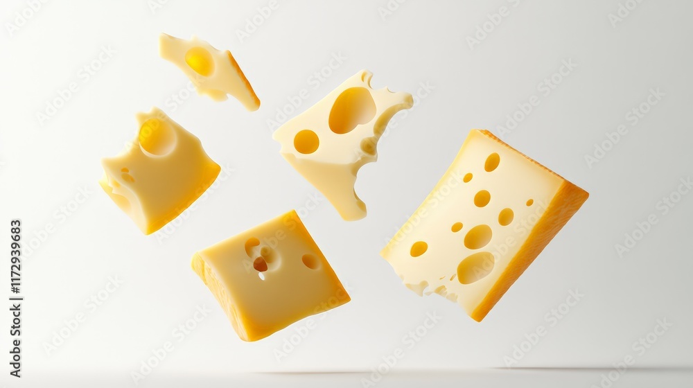Aufkleber different sizes of delicious swiss cheese pieces are levitating on a minimalist white background, cr