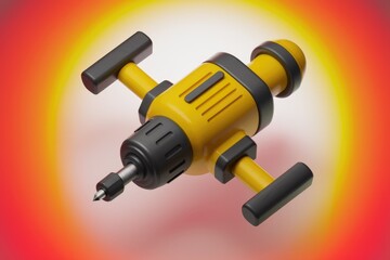 A 3D-rendered cartoonish yellow and black rotary hammer drill, isolated on a white background.