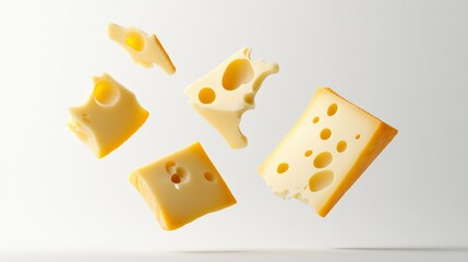 Different sizes of delicious swiss cheese pieces are levitating on a minimalist white background, creating an eye catching and appetizing visual