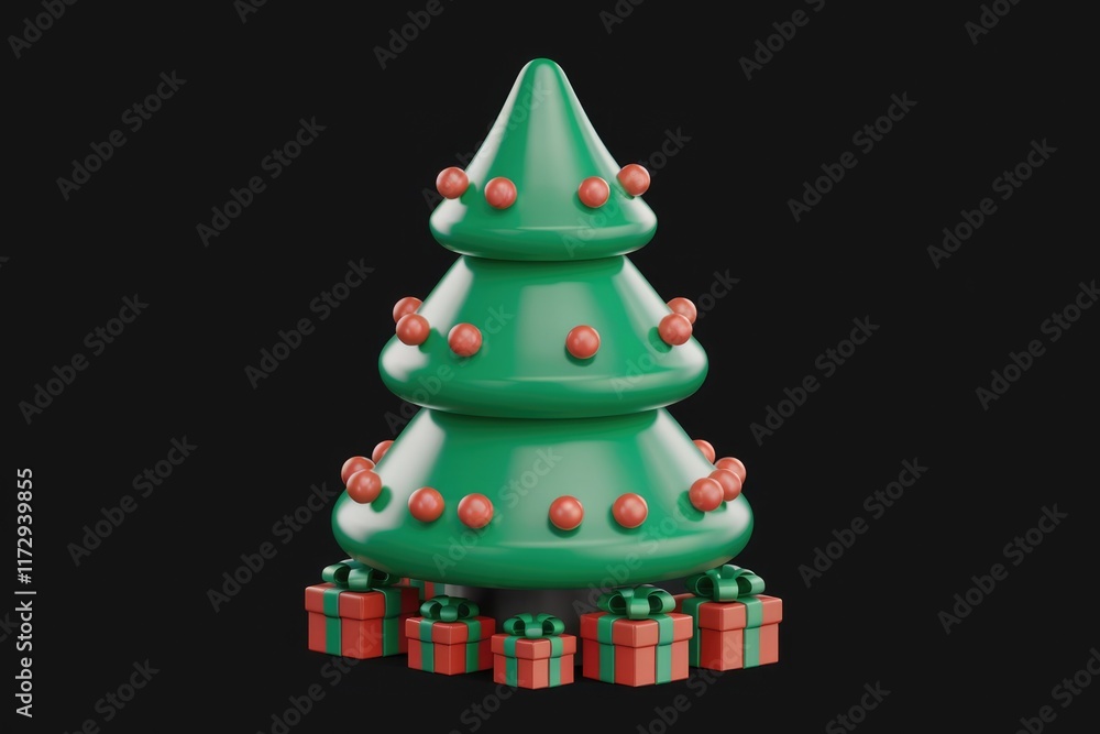 Poster A stylized 3D render of a Christmas tree adorned with red baubles and surrounded by presents on a transparent background.