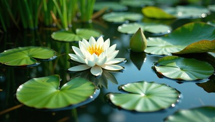 Lilypads create a textured surface on the pond floor, water feature, greenery