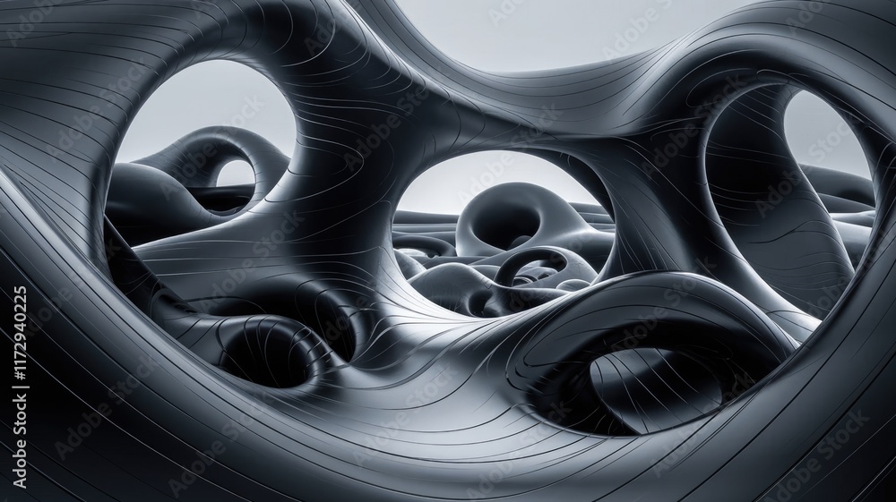 Aufkleber Abstract 3D rendering of a dark, flowing, organic form with smooth curves and interconnecting tunnels.