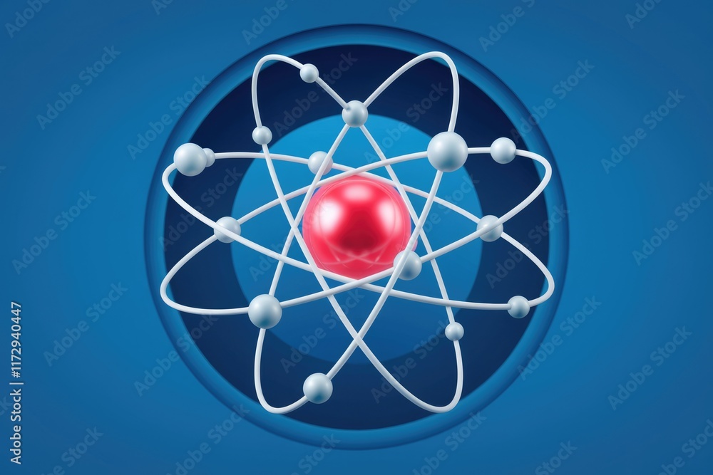 Poster a stylized atomic model with a red nucleus and orbiting electrons, illustrating basic atomic structu