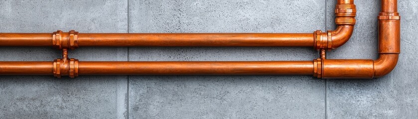 Obraz premium A close-up of copper pipes against a concrete wall, showcasing their sleek design and industrial aesthetic.