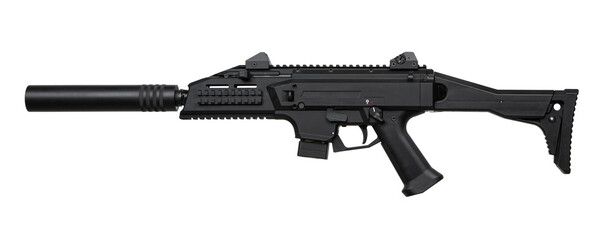 A modern black PCC (Pistol Caliber Carbine) with a suppressor, tactical rails, and adjustable...
