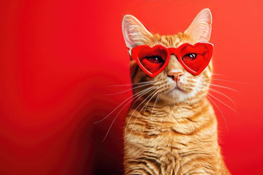 ginger cat wearing heart shaped red sunglasses, selfie like, red solid color background for Valentines. MZ